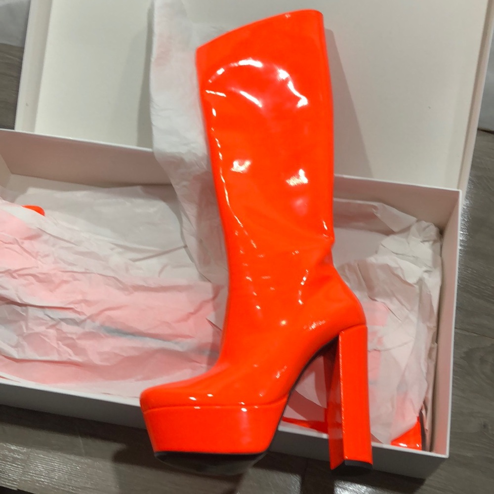 Area Vinyl Knee High Neon Orange Boots New